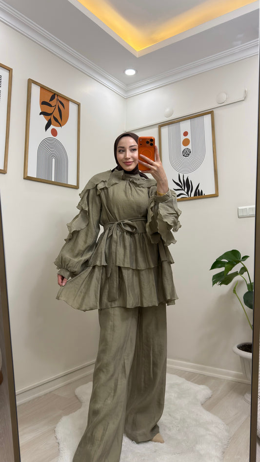 Haki Kat Kat Fırfırlı Tunik İkili Takım