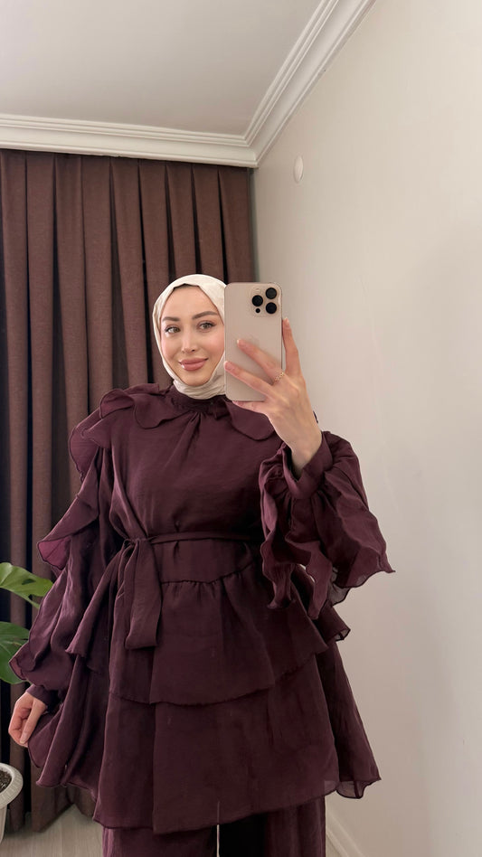 Bordo Kat Kat Fırfırlı Tunik İkili Takım